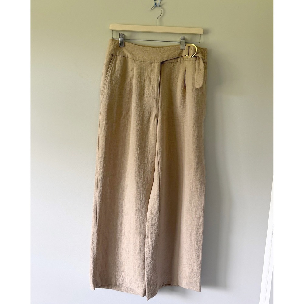 DKNY Womens Tan Wide Leg Textured Trousers Gold D-Ring‎ Buckle Size 6 High Rise